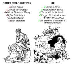bundleoffuckingsunshine:  shrieking-affliction:  Diogenes was the shit.  He was easily one of the best philosophers ever.  He made himself the least wealthy person, hence living in a “Barrel”.  He also, upon seeing a child drinking from a river