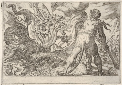 met-drawings-prints:Hercules and the Hydra of Lerna: Hercules grasps his club with both hands and co