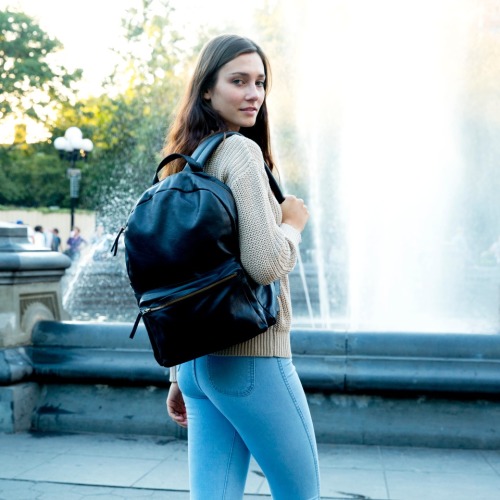 americanapparel:  Taylor, an employee at our NYU location, wears the new Leather Backpack paired the the Fisherman’s Pullover in Natural and the Easy Jean in Medium Stone Wash Indigo. 