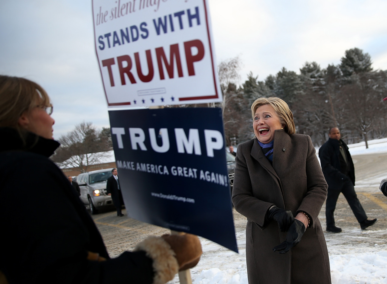 Presented without comment: Hillary Clinton greets voters Tuesday outside a polling site in Nashua, N.H. (Photo by Justin Sullivan/Getty Images)