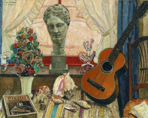 terminusantequem:Léon De Smet (Belgian, 1881-1966), Intérieur aux coquilles, guitare et bouquet de f