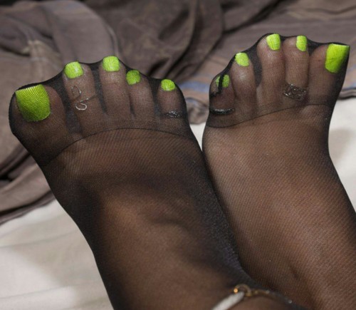 ifootman: tony6110: The immaculately pedicured sheer nylon covered toes of FootGoddess Ana Love them