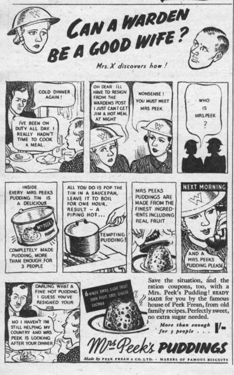 worldwar-two: An ad for Mrs Peek’s Pudding, in which Mrs. X must find a way to put a hot meal 