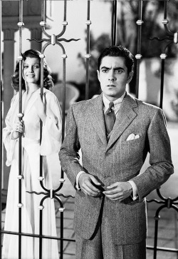 lesgrandsclassiques:  Rita Hayworth and Tyrone Power in a production still for Blood and Sand (Dir. Rouben Mamoulian, 1941)  &ldquo;Someday I’ll come back to you with a whole trunkful of clippings, and when you marry me, you’ll marry the first