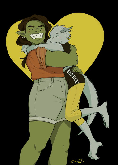 lucasmiller:whoistobio:Gals!(ID: a full body drawing of Killian Fangbattle hugging Carey Fangbattle 