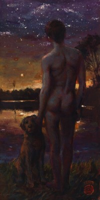 100artistsbook:  splendidgeryon:  New painting by Philip Gladstone: “Starry Night”; acrylic on cradled panel, 6 by 12 inches.   The nude in this imagined composition is loosely based on a circa 1885 photograph of sculptor Samuel Murray posing in the