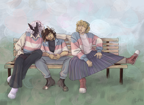 down with cis bench [ID: the dream smp characters ranboo, tubbo, and tommy sitting on a bench in a g