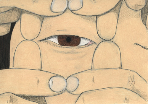 hosangun: 작은 하트 눈 104 x 148mm / 엽서 위에 연필, 색연필 / 2015