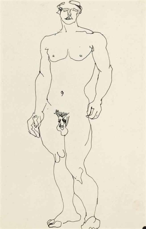 creativespark:  Henri Gaudier-Brzeska (French, 1891-1915), Male Nude Standing, c1913ink, 37.4 x 24.2 cm