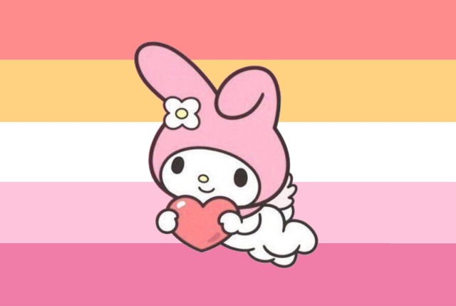 An image of a colour picked sunset lesbian pride flag with My Melody overlaid on it matching her pastel colour palette. She is depicted with angel wings mid flight and carrying a cartoon heart. 