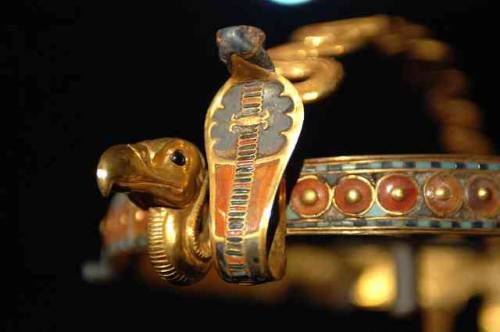 egypt-museum:Gold Diadem of TutankhamunInlaid diadem with vulture and cobra uraeus. Made of gold, gl