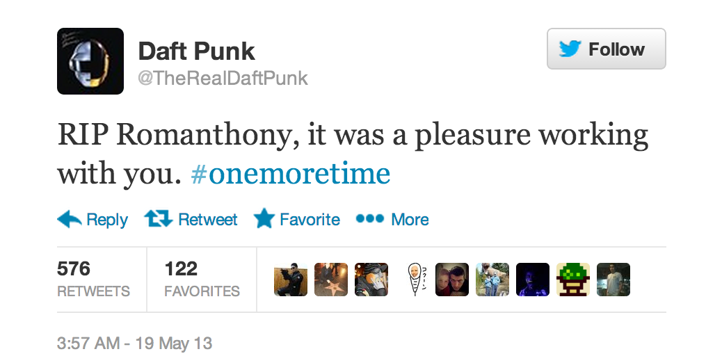 rollingstone:
“ Romanthony, the house producer and DJ who sang the hook on Daft Punk’s 2000 single “One More Time,” died on May 7th at the age of 45.
”