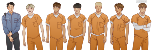 basic designs for me and @trashprince22‘s bts oitnb/prison au! i may post their backstories an