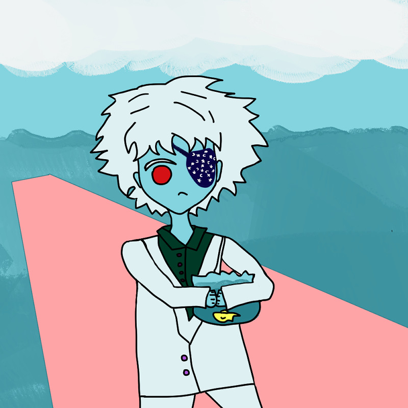 layla that is sky blue like the skies behind her looking stylized with big eyes; her hair is white and her eyepatch is an implied black but midnight blue with stars and moons. she has one red eye staring down at a fish in a glass bowl with a frown. she wears a white suit with a green shirt underneath with marron buttons. there are white clouds above and seas below and layla is standing on a deck that's salmon pink for stylistic effect.