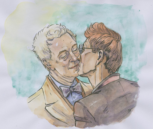 macpye: close [image is a sakura pigma black brush pen and watercolour drawing of aziraphale and cro