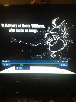 lancecharleson:  joeywaggoner:  squigglydigg:  smokingladiesman submitted:  Disney’s tribute to Robin Williams at the end of Aladdin.   That’s… actually really beautiful.  Well done, Disney.  I actually watched Aladdin on Disney Channel a few