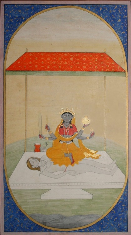 Tripurasundari seated on the prostrate body of Shiva, Folio from a Mahavidya series - Guler c1850