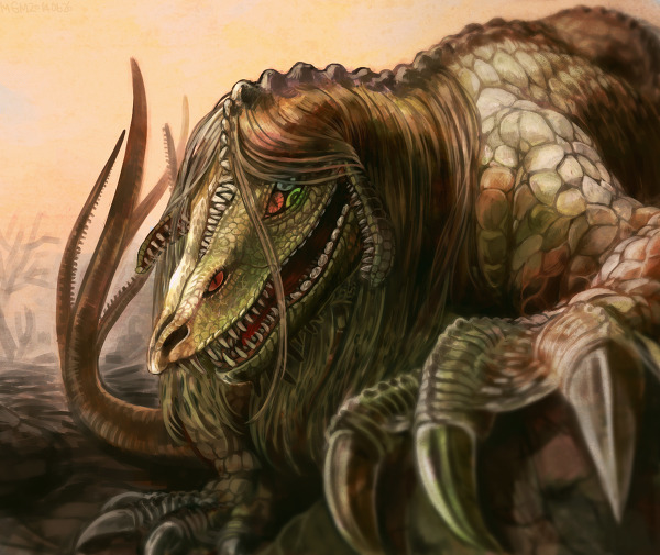 Generate an eerie and intense artwork depicting scp-682, a large  reptile-like creature with regenerative abilities and a profound hatred for  all life. the creature should be portrayed within its containment chamber, a
