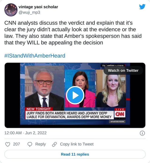 CNN analysts discuss the verdict and explain that it's clear the jury didn't actually look at the evidence or the law. They also state that Amber's spokesperson has said that they WILL be appealing the decision#IStandWithAmberHeardpic.twitter.com/bx9nfat1Zm — vintage yaoi scholar (@wuji_mp3) June 2, 2022