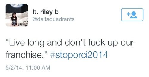 trekkiefeminist: tartapplesauce:  williamshatnerds:  Some of my favorite #StopOrci2014 tweets so far