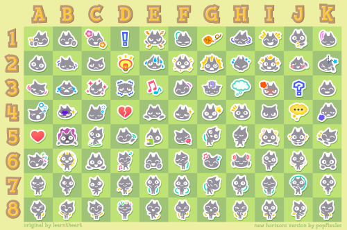 An Animal Crossing expression meme using the 44 "New Horizons" Reactions icons. All icons are laid out in a green checkerboard grid with letters (A through K) labeling the X axis, and numbers (1 through 8) labeling the Y axis. Small faint text at the bottom reads "original by learntheheart" and "new horizons version by popfizzles".