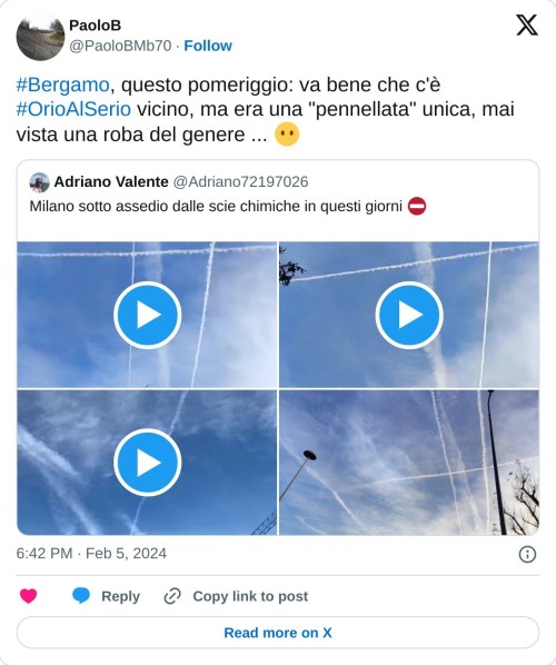 #Bergamo, questo pomeriggio: va bene che c'è #OrioAlSerio vicino, ma era una "pennellata" unica, mai vista una roba del genere ... 😶 https://t.co/q71dl2TIr2  — PaoloB (@PaoloBMb70) February 5, 2024