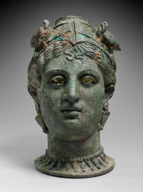 theancientwayoflife: ~Perfume jar (balsamarium) in the shape of female head (Aphrodite / Turan?). Cu