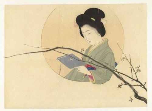 huariqueje: Reading Woman With Flowering Branch,Plum Blossom - Kajita Hanko,1900-17  Japanese, 1879