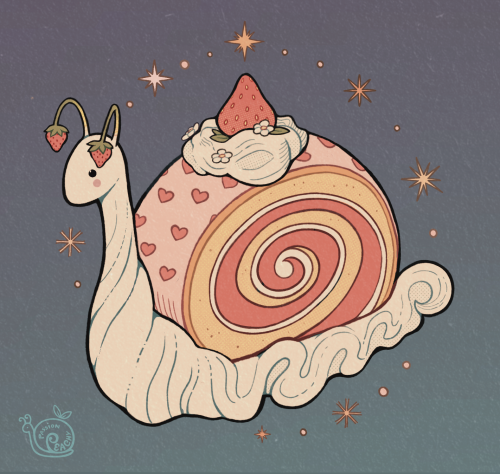 A snail made out of whip cream and a pink strawberry swiss roll with red heart patterns as a shell. It has small strawberry stems as antennae. A dollop of whip cream with a medium-sized strawberry and some white blossoms sits on top of its “shell”. The background is a gradient of teal and sea-foam green with yellow stars in a radial pattern around the snail. A watermark shaped like a snail that says “passionpeachy” sits on the bottom left corner.