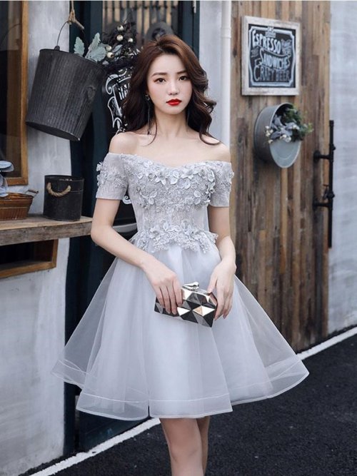 shinyparty: Off Shoulder Short Grey Lace Prom Dresses, Grey Lace Formal Graduation Homecoming Dresse