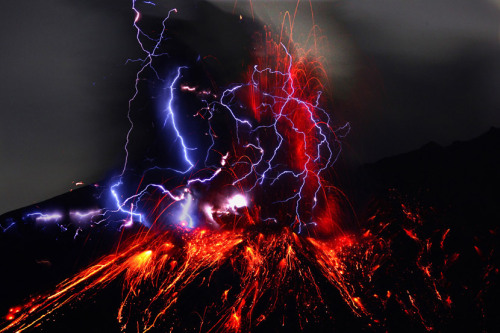 nubbsgalore:   photos of sakurajima, the most active volcano in japan, by (click pic) takehito miyatake (previously featured) and martin rietze. volcanic storms can rival the intensity of massive supercell thunderstorms, but the source of the charge