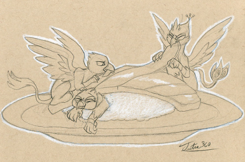 Gyro Feather, Saewin, and Der all enjoying a bock of sushi.Art by @tsitra360