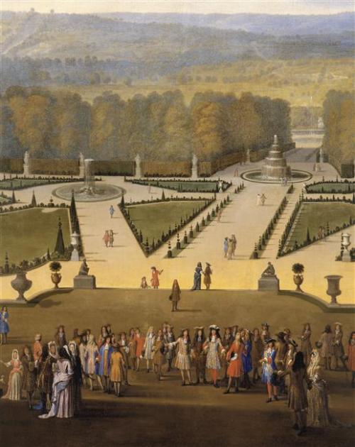 jeannepompadour:Louis XIV and his Court on a Promenade in the Gardens of Versailles by Etienne Alleg