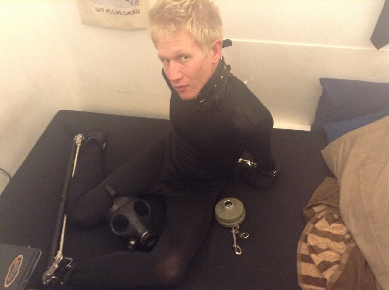 pupdonnie:  Pupdonnie in black morphsuit presented for inspection. 