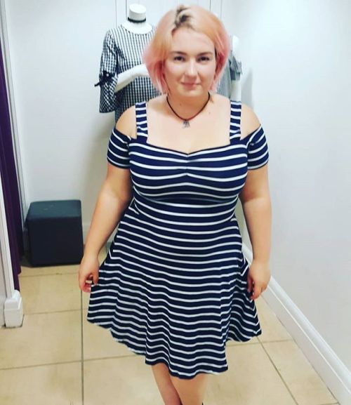 Dorothy Perkins  Navy Stripe Bardot Dress £10In the picture I am wearing a size UK 18. I love this d
