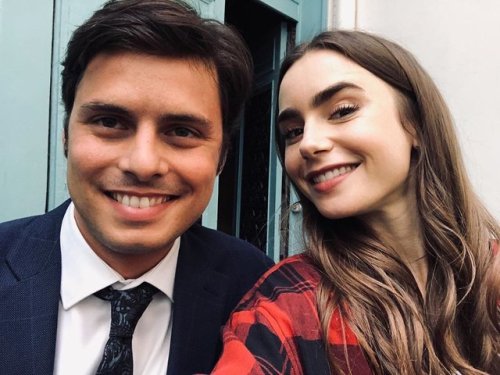 Lily Collins on the set of @emilyinparis with Gauthier Battoue.