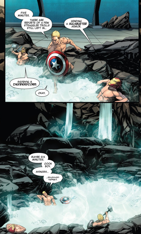 tony-stark-ing: Three men, one hot tub.Avengers (2018) issue #21