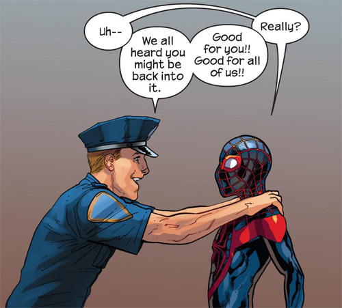 lowkeywalker:  tedtheodorelogan:  cyborgcap:  Cataclysm: Ultimate Spider-Man #28  If you’re not familiar with Ultimate Marve, that’s Miles Morales as Spider-Man instead of Peter Parker. This is him without the costume:  Kinda puts that interaction