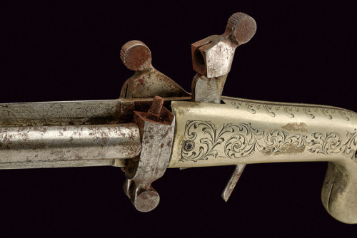 Silver handle double barrel Dumontier dagger pistol, mid 19th century.