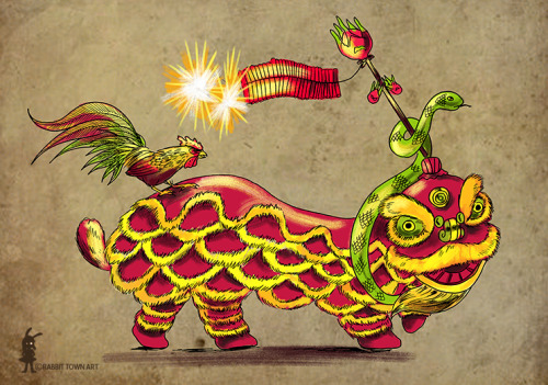 rabbittownart:Game 51 Round 05Firecracker bang!Topics: rooster, dragon fruit, lion dancer, viper and