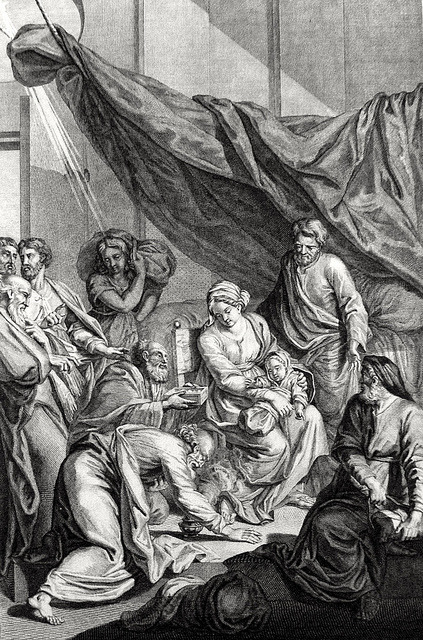 Phillip Medhurst presents Bowyer Bible Gospels print 3436 The wise men’s offerings Matthew 2:11 Hoet on Flickr.
A print from the Bowyer Bible, a grangerised copy of Macklin’s Bible in Bolton Museum and Archives, England.