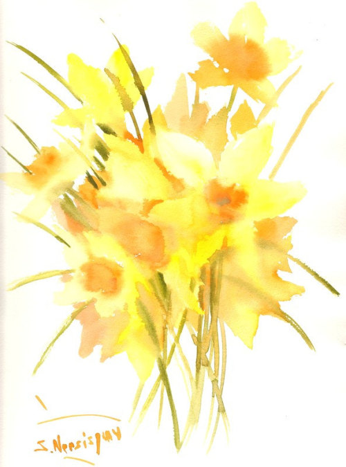 Abstract Daffodils original painting, yellow floral art 12 x 16 in by ORIGINALONLY (33.00 USD) http:
