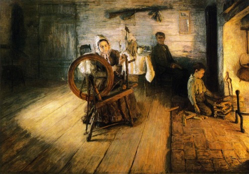 artist-tanner: Spinning by Firelight - The Boyhood of George Washington Gray, 1894, Henry Ossawa Tan