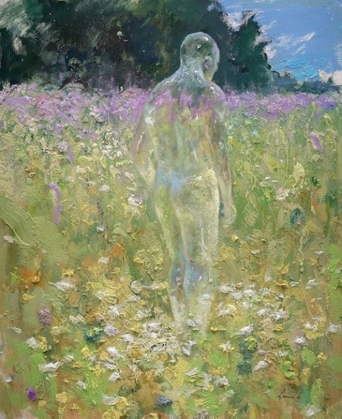 thepastisaroadmap:[Image description: a painting of a transparent person standing in a field of tall