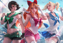 sakimichan:  fighting evil by day light PowerPuff girls and Sailormoon