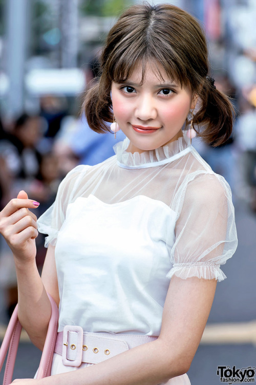 Tokyo-based Thai model Vienna on the street in harajuku wearing a Bubbles Harajuku top, Honey Mi Hon