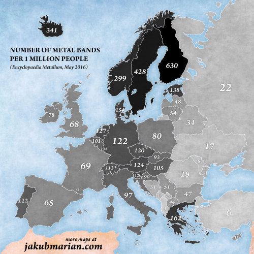 mapsontheweb:Metal bands per 1 million people in Europe.Related: Heavy metal bands in the world