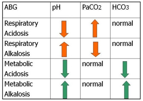 rightatrium:  ABGs: ROME - Respiratory Opposite & Metabolic Equal If pH is UP and PCO2 is DOWN =