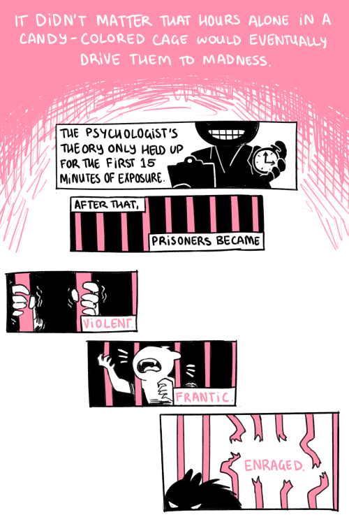 blueskittlesart:  blueskittlesart:  Pink Prison, a comic I did for my color theory class this semester! we had to pick a color, research it, and do a piece related to it somehow. i chose pink :)   