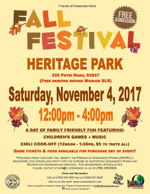 The Friends of Oceanside Parks and Recreation will be hosting a Heritage Park Fall Festival and Chili Cook Off on Saturday, November 4th from 12noon – 4pm (chili from 12noon-2pm). The event is free and will include music, food and vendors booths. The...